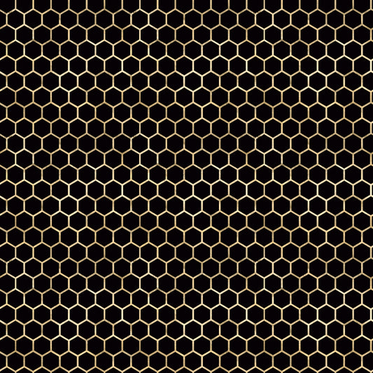 A gold honeycomb pattern on a black background, featuring hexagonal shapes arranged in a grid.