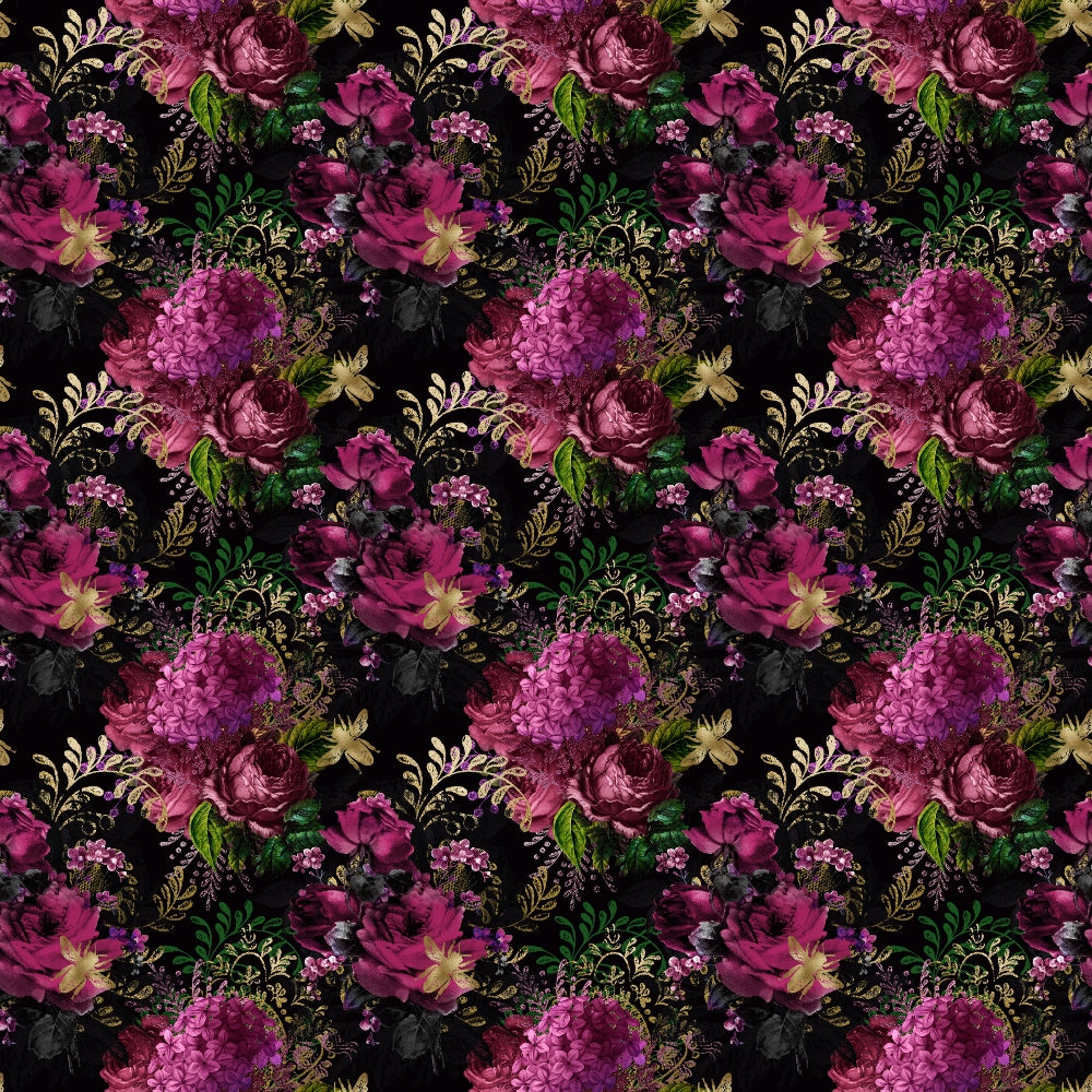 Floral pattern with pink and purple flowers, green leaves, and small yellow blooms on a black background.