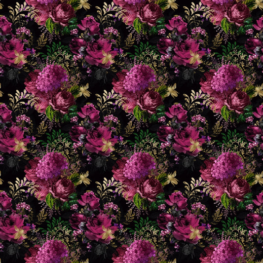 Floral pattern with pink and purple flowers, green leaves, and small yellow blooms on a black background.