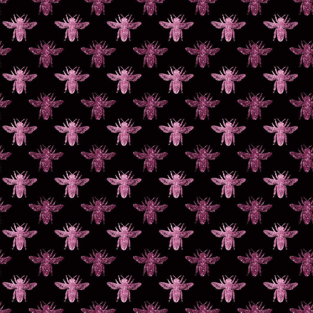 Pattern of pink bees evenly distributed on a black background.