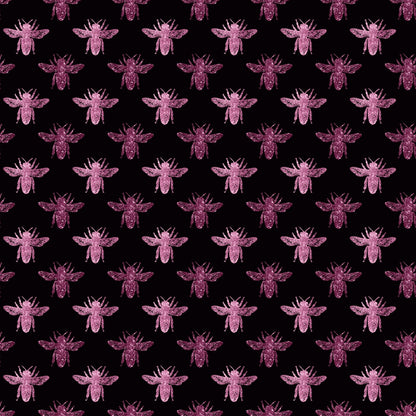 Pattern of pink bees evenly distributed on a black background.