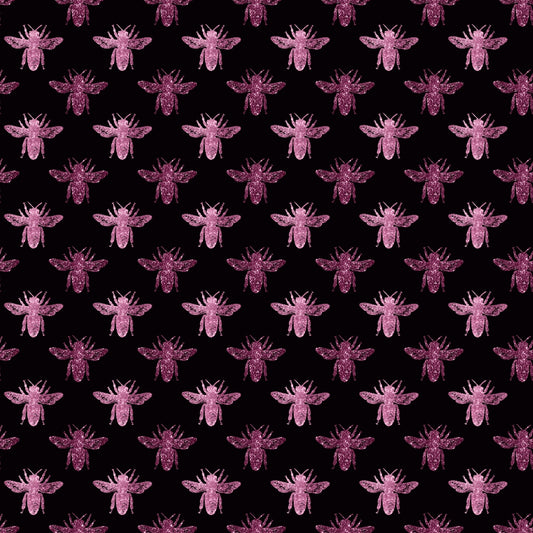 Pattern of pink bees evenly distributed on a black background.