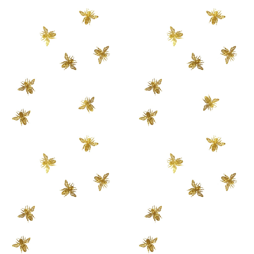 Pattern of evenly spaced, small golden bees on a white background.