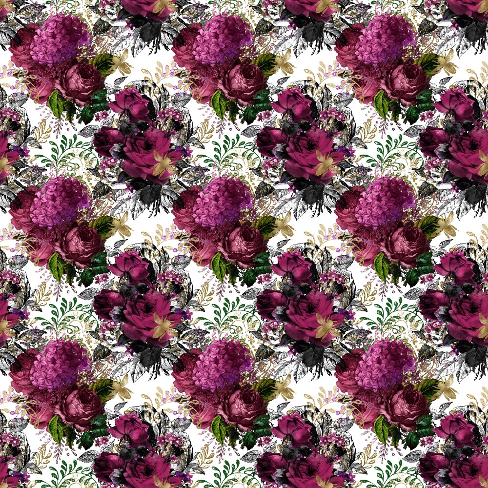 A seamless floral pattern featuring clusters of purple and pink flowers with green leaves on a white background.