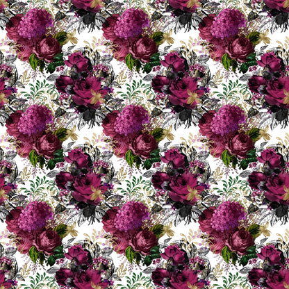 A seamless floral pattern featuring clusters of purple and pink flowers with green leaves on a white background.