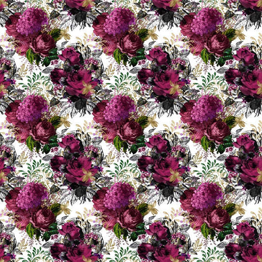 A seamless floral pattern featuring clusters of purple and pink flowers with green leaves on a white background.