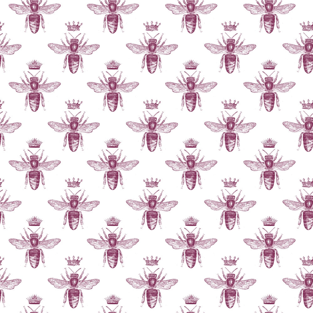 Pattern of purple bees with crowns on a white background, arranged in evenly spaced rows and columns.