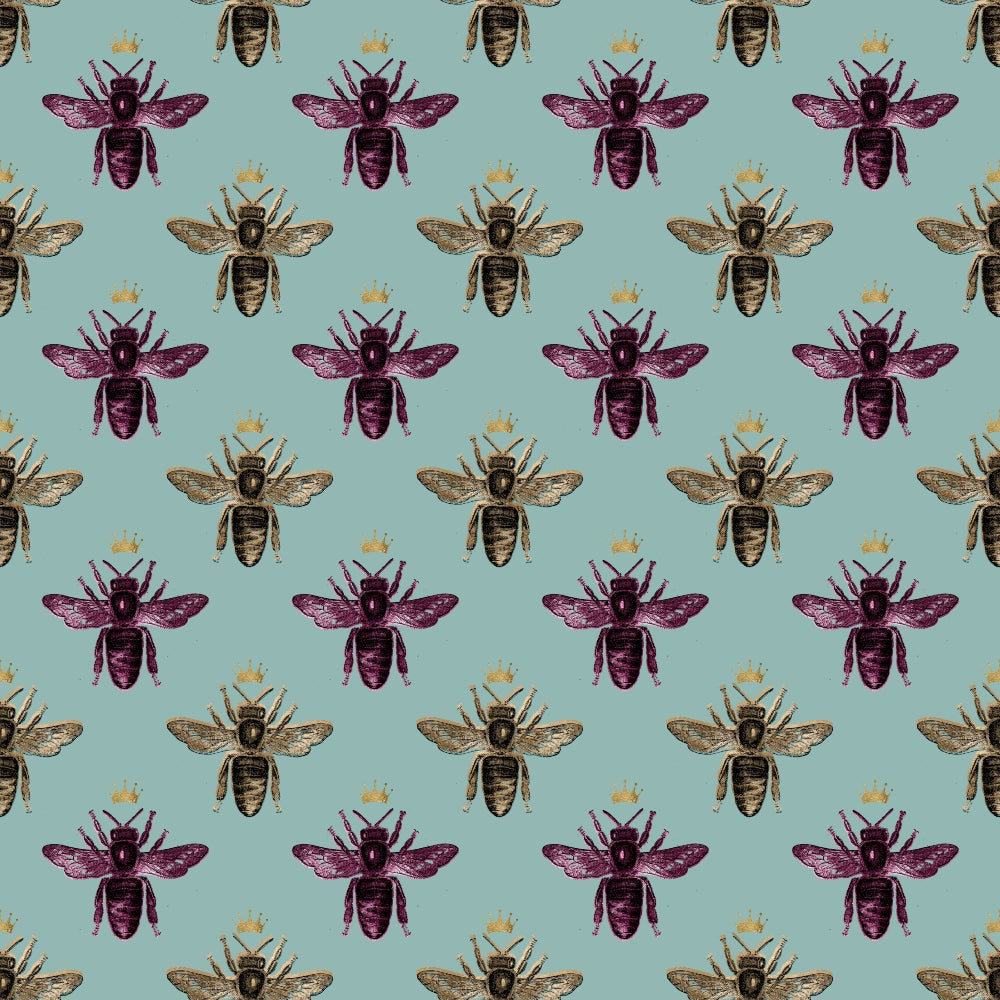 Pattern of bees with crowns, alternating in purple and golden yellow, on a light blue background.