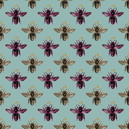 Pattern of bees with crowns, alternating in purple and golden yellow, on a light blue background.