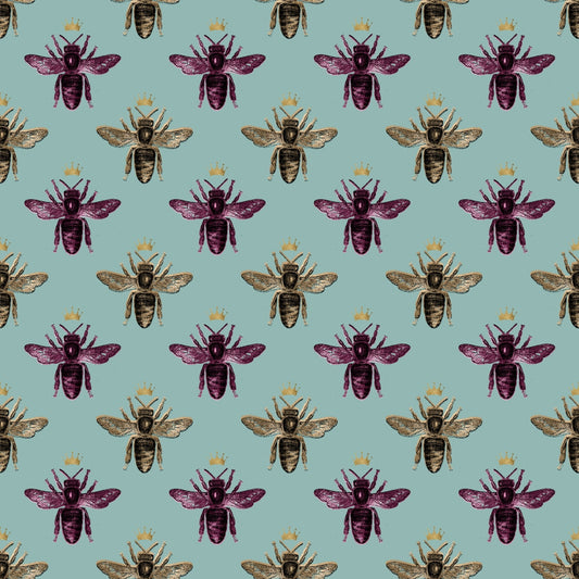 Pattern of bees with crowns, alternating in purple and golden yellow, on a light blue background.