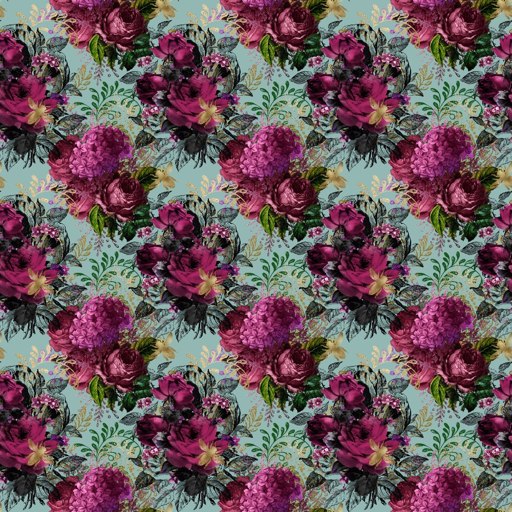 Pattern of dark pink and purple floral bouquets with green leaves on a light blue background.