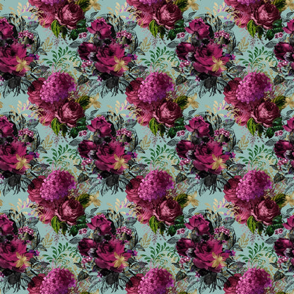 Pattern of dark pink and purple floral bouquets with green leaves on a light blue background.