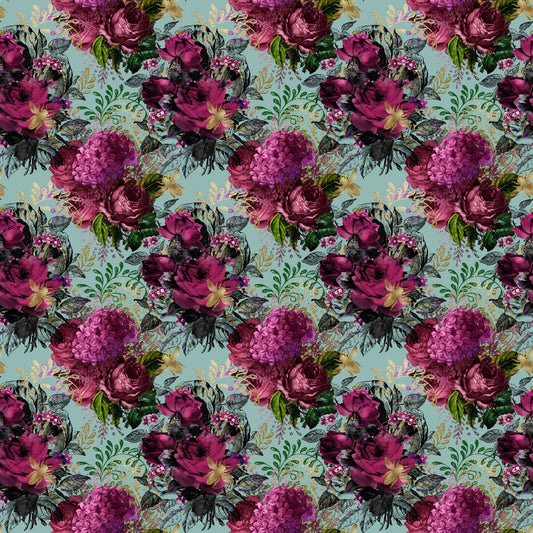 Pattern of dark pink and purple floral bouquets with green leaves on a light blue background.