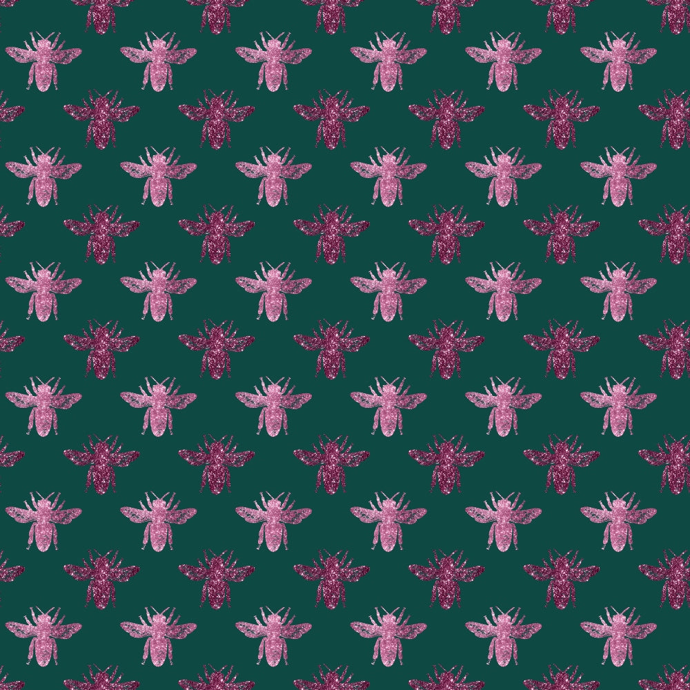 Pattern of pink bees arranged in rows on a dark green background.