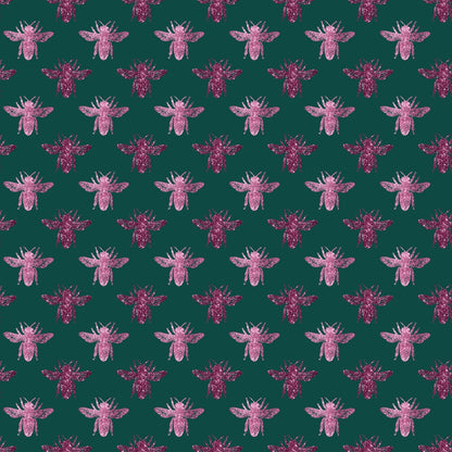 Pattern of pink bees arranged in rows on a dark green background.