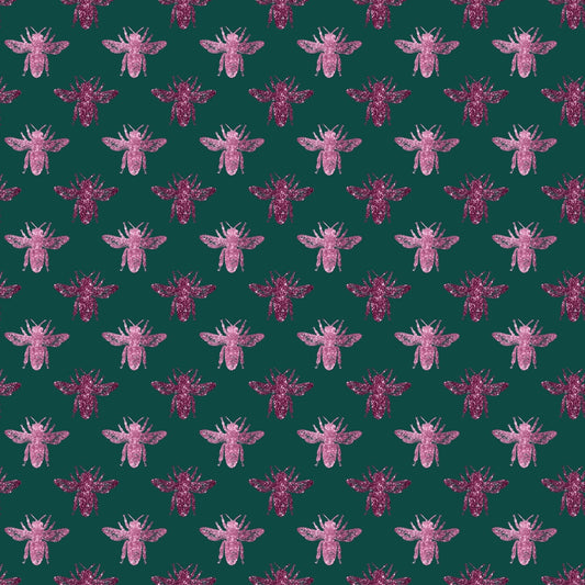 Pattern of pink bees arranged in rows on a dark green background.