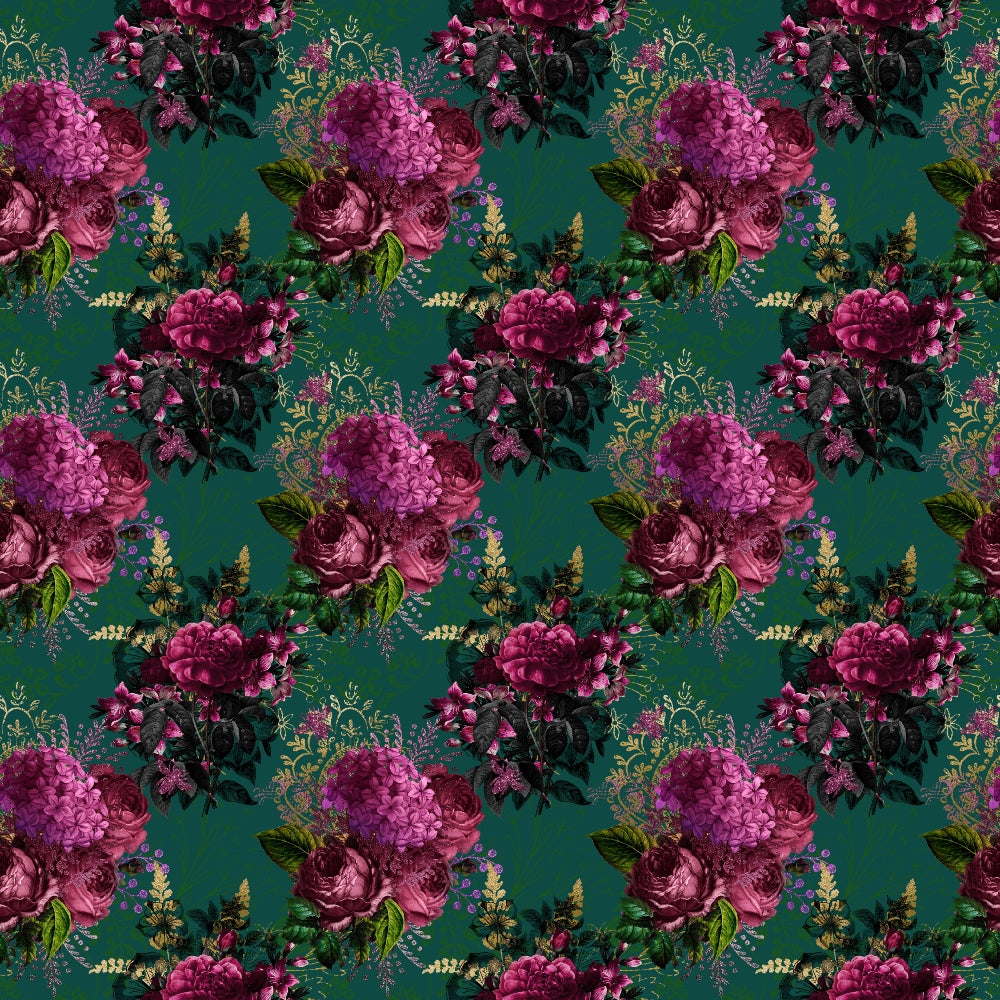 Pattern of pink and purple flowers with green leaves on a teal background.