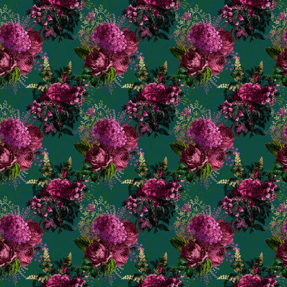 Pattern of pink and purple flowers with green leaves on a teal background.