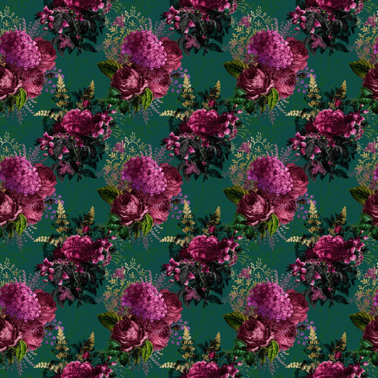 Pattern of pink and purple flowers with green leaves on a teal background.