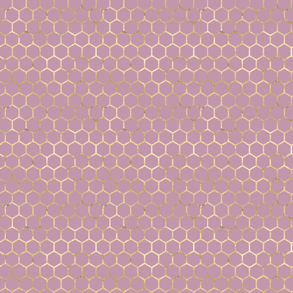 Honeycomb pattern with hexagons on a lavender background, outlined in a glittery gold finish.