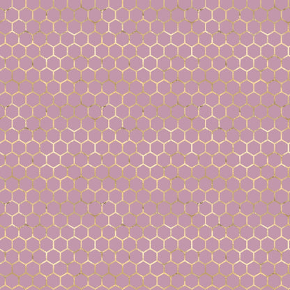 Honeycomb pattern with hexagons on a lavender background, outlined in a glittery gold finish.