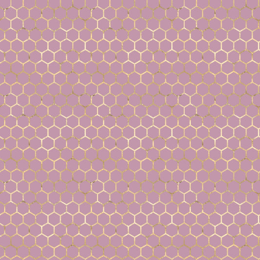 Honeycomb pattern with hexagons on a lavender background, outlined in a glittery gold finish.