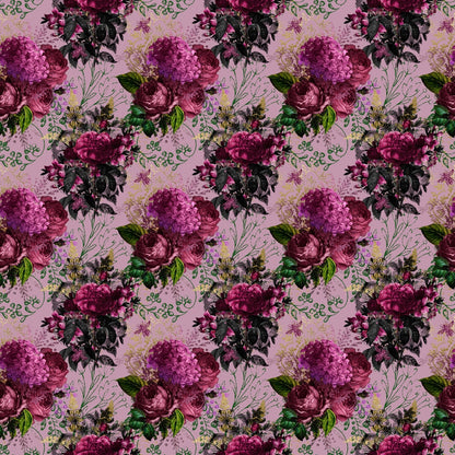 Pattern of pink and purple floral arrangements with green leaves on a light pink background.