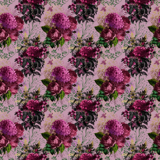 Pattern of pink and purple floral arrangements with green leaves on a light pink background.