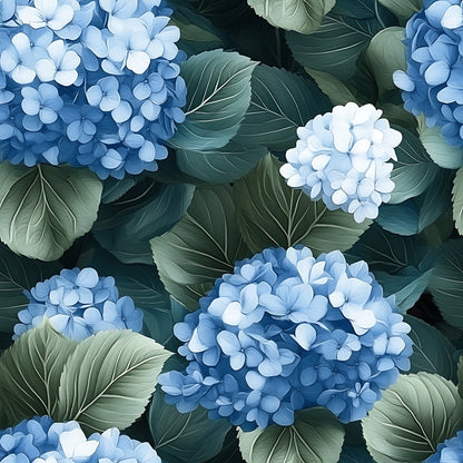 blue hydrangeas, white flowers, sage green leaves, botanical pattern, floral design, quilting cotton, fabric panel, garden flowers, nature motif, soft pastels, realistic florals, clustered blooms, leafy foliage, spring flowers, delicate petals, botanical illustration, perennial garden, muted blues, natural greenery, cottage garden
