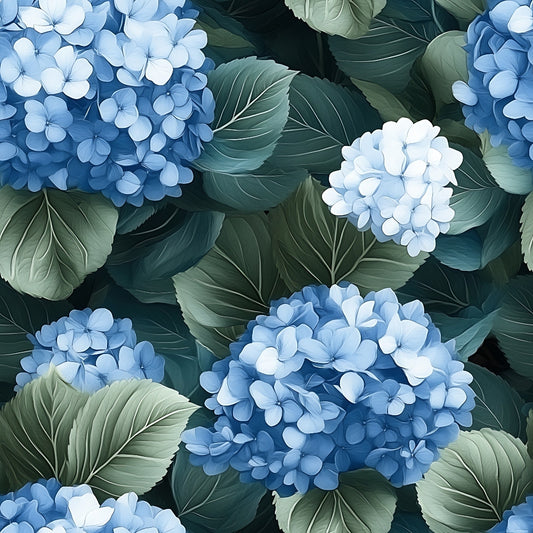 blue hydrangeas, white flowers, sage green leaves, botanical pattern, floral design, quilting cotton, fabric panel, garden flowers, nature motif, soft pastels, realistic florals, clustered blooms, leafy foliage, spring flowers, delicate petals, botanical illustration, perennial garden, muted blues, natural greenery, cottage garden