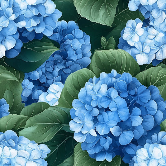 Blue hydrangea flowers and green leaves fill the image, creating a lush, dense pattern.