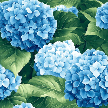 blue hydrangeas, botanical florals, garden flowers, lush foliage, green leaves, periwinkle blue, sky blue, nature pattern, floral clusters, quilting cotton, fabric panel, summer blooms, realistic flowers, botanical illustration, dense florals, hydrangea blossoms, garden theme, natural motifs, flower petals, leafy greens