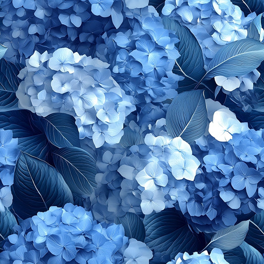 Blue hydrangea flowers densely clustered with green leaves surrounding them.