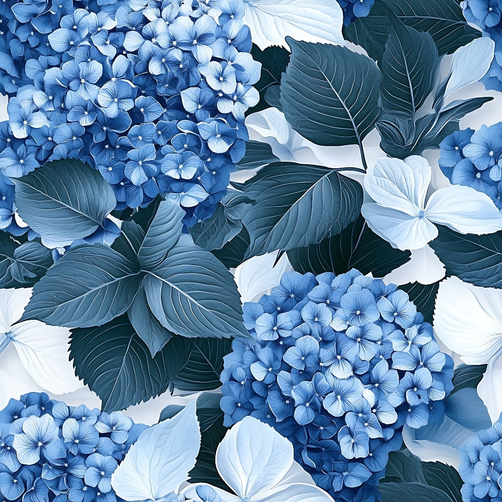 blue hydrangeas, botanical floral, navy blue, light blue, white flowers, teal leaves, serrated leaves, clustered blooms, garden flowers, nature pattern, quilting cotton, fabric panel, floral motif, spring flowers, perennial blooms, botanical illustration, seamless repeat, cottage garden, flower clusters, leafy design