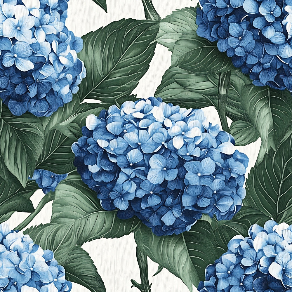 blue hydrangeas, botanical pattern, floral design, green leaves, navy blue, light blue, white background, quilting cotton, fabric panel, garden flowers, realistic florals, nature motif, botanical illustration, clustered blooms, tropical leaves, summer flowers, cottage garden, detailed petals, lush foliage, botanical print
