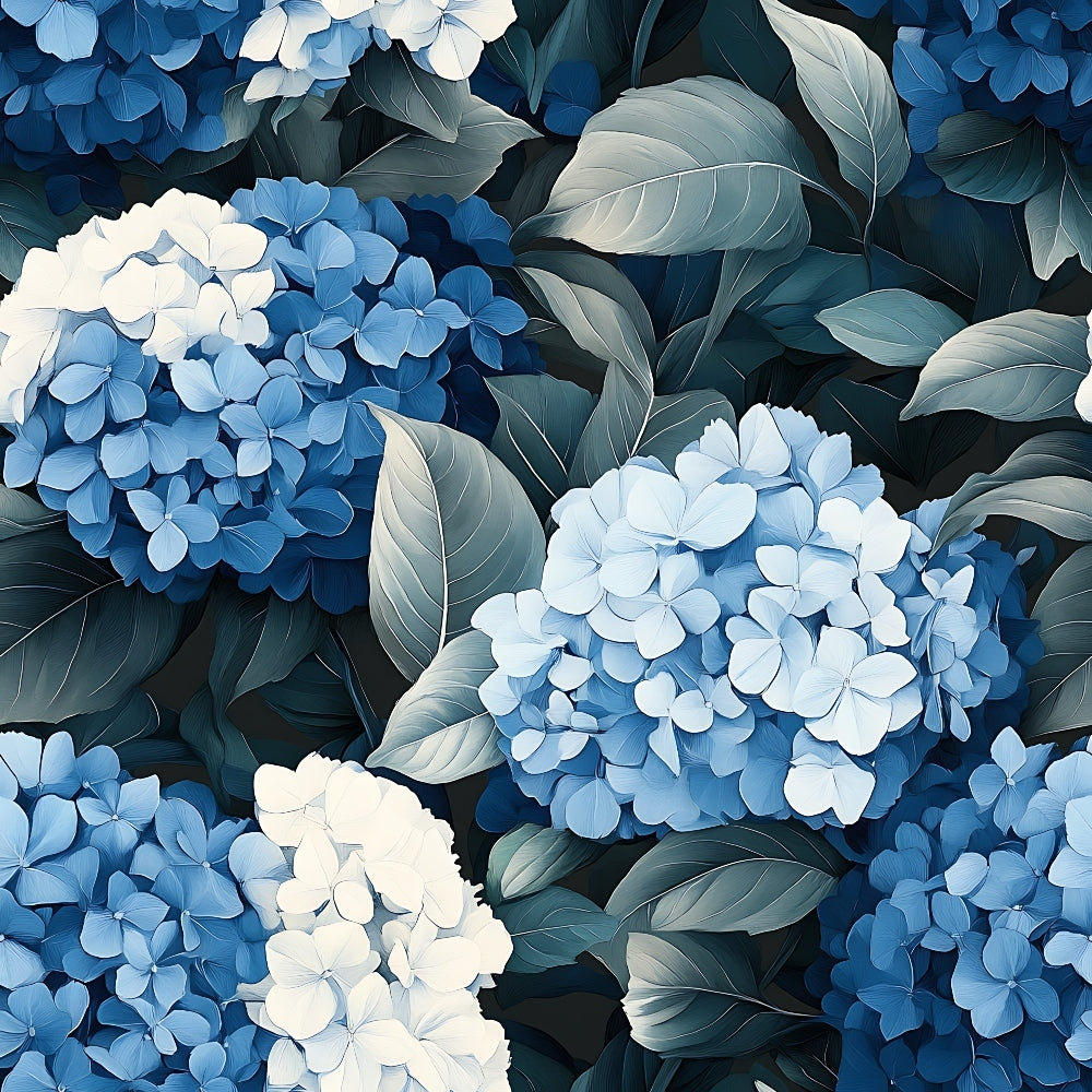 hydrangea flowers, blue petals, white blooms, navy blue, teal leaves, botanical pattern, floral design, clustered flowers, garden flowers, quilting cotton, fabric panel, lush foliage, nature motif, spring flowers, detailed petals, realistic florals, dense pattern, botanical illustration, periwinkle blue, sage green