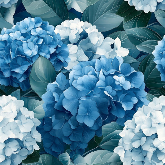 blue hydrangeas, white flowers, teal leaves, botanical pattern, floral design, clustered blooms, garden flowers, nature motif, quilting cotton, fabric panel, soft pastels, romantic florals, summer blooms, delicate petals, lush foliage, serene mood, cottage garden, watercolor style, organic shapes
