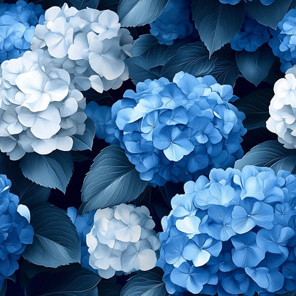 Blue and white hydrangea flowers with green leaves fill the image.