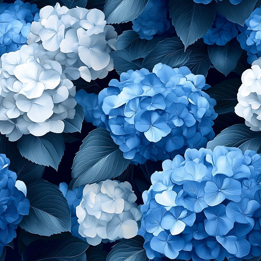 Blue and white hydrangea flowers with green leaves fill the image.