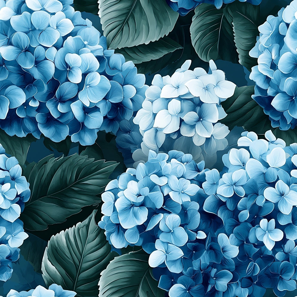 Pattern of densely packed blue hydrangea flowers and dark green leaves.