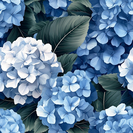 navy blue, light blue, white, periwinkle, teal green, dark green, hydrangea flowers, botanical pattern, floral design, large leaves, clustered blooms, realistic style, garden theme, quilting cotton, fabric panel, lush foliage, nature motif, spring flowers, detailed petals, leafy background