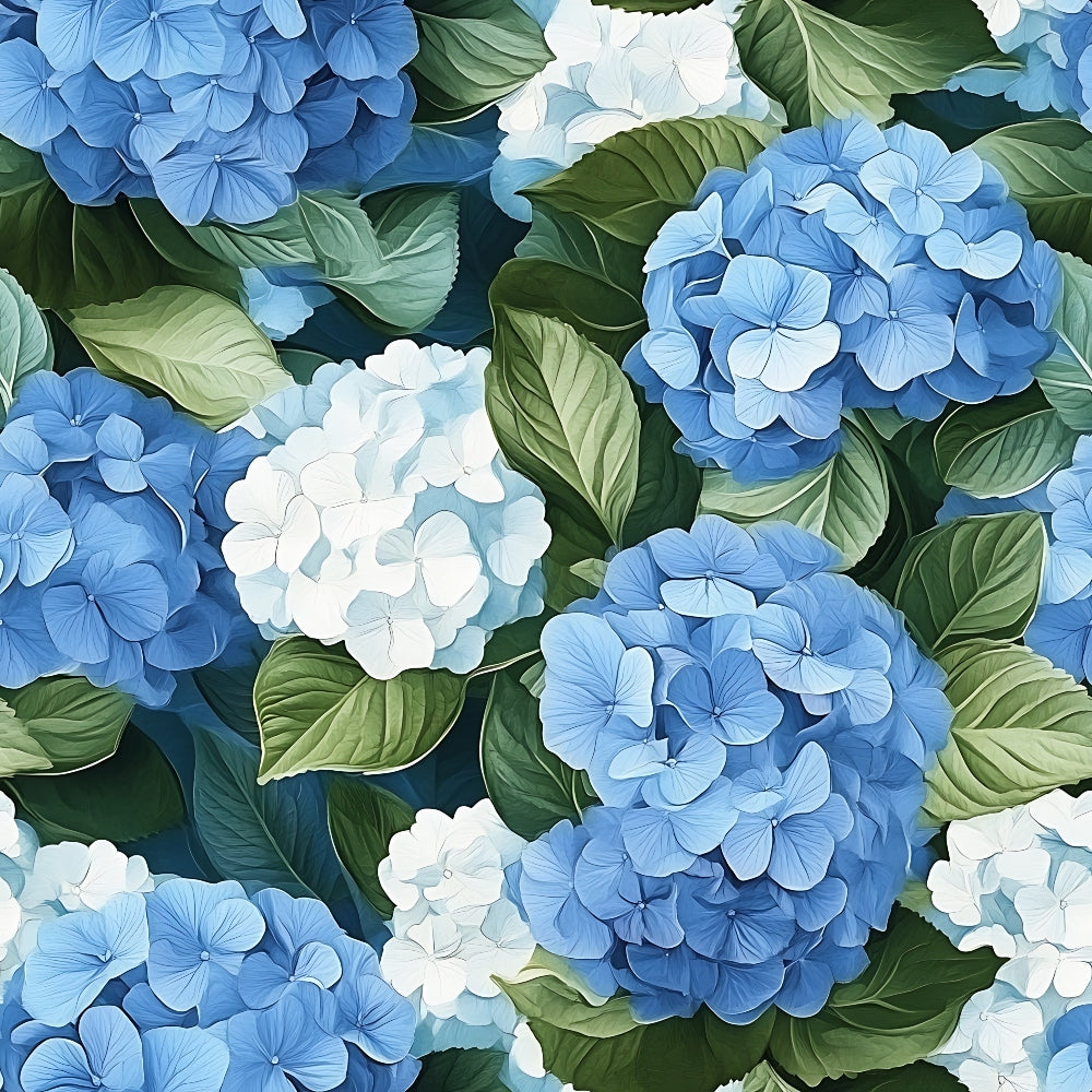 Blue and white hydrangea flowers with green leaves fill the image, creating a dense, floral pattern.