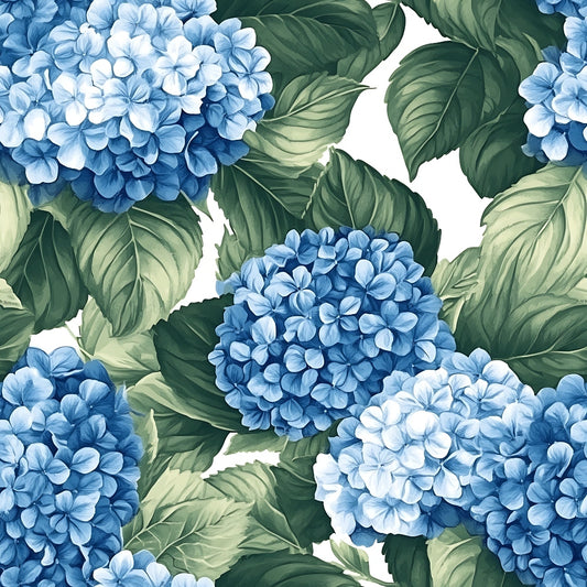 Illustration of blue hydrangea clusters surrounded by green leaves against a white background.