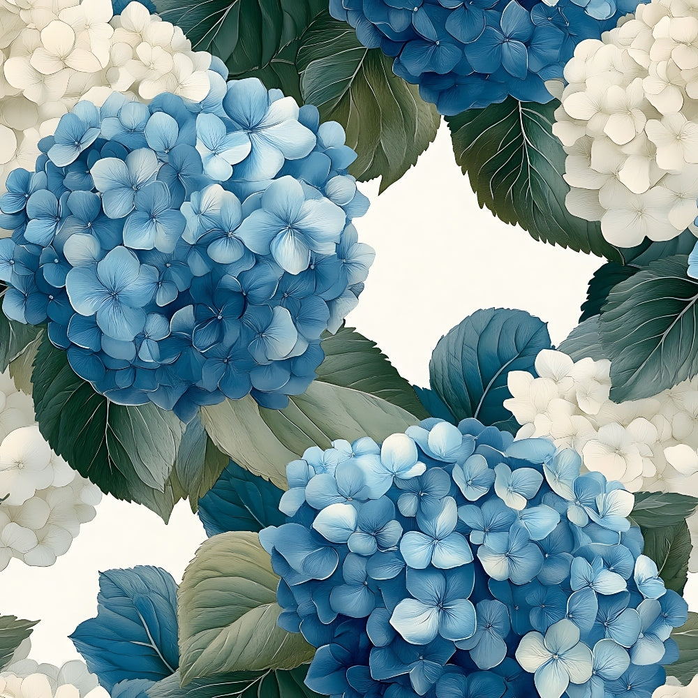 blue hydrangeas, white hydrangeas, botanical floral, soft blue tones, cream background, green leaves, clustered flowers, watercolor style, delicate petals, garden blooms, quilting cotton, fabric panel, serene mood, spring florals, nature pattern, cottage garden, pastel colors, realistic flowers, botanical illustration, peaceful design