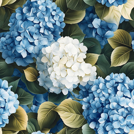 A pattern of blue and white hydrangeas with green leaves, featuring detailed and overlapping floral designs.