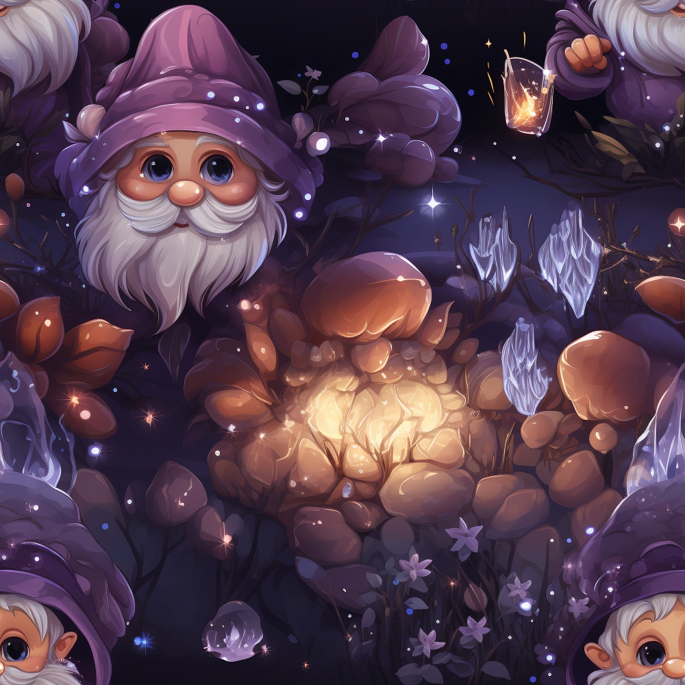 Illustration of a gnome in a purple hat surrounded by glowing plants and crystals in a dark, mystical setting.