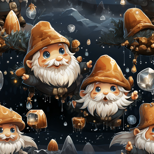 Illustration of cheerful gnomes mining crystals. They have wide-brimmed hats, white beards, and are surrounded by gems in a dark cave setting.