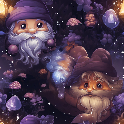 Two gnomes with beards in purple hats, surrounded by glowing mushrooms and mystical plants in a fantasy forest setting.