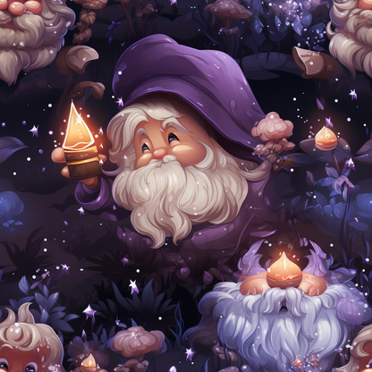 A bearded gnome in a purple hat holds a glowing candle amid a mystical forest scene with mushrooms and star-like lights.