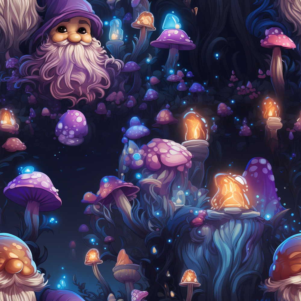 Fantasy scene with a bearded gnome wearing a purple hat surrounded by glowing mushrooms in a dark, magical forest setting.